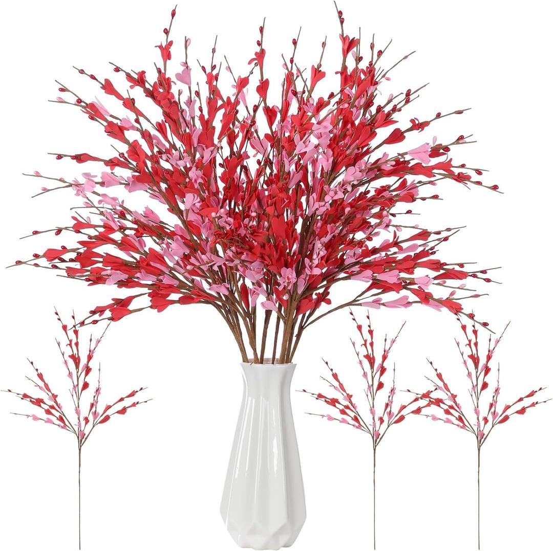 Riceshoot 12 Pcs 24 Inch Valentine's Day Artificial Forsythia Flower Branches Spring Flowers Artificial Branches for Vase Silk Forsythia Branches for Indoor Outdoor Wedding Home Office, Red and Pink