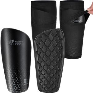 Northdeer Soccer Shin Guards for Kids Adults. Sleeves with Optimized Insert Pocket - Protective Soccer for Boys Girls Men (M (4'7"-5'3"), Shin Pads 1 Pair + Sleeves 1 Pair, Black)