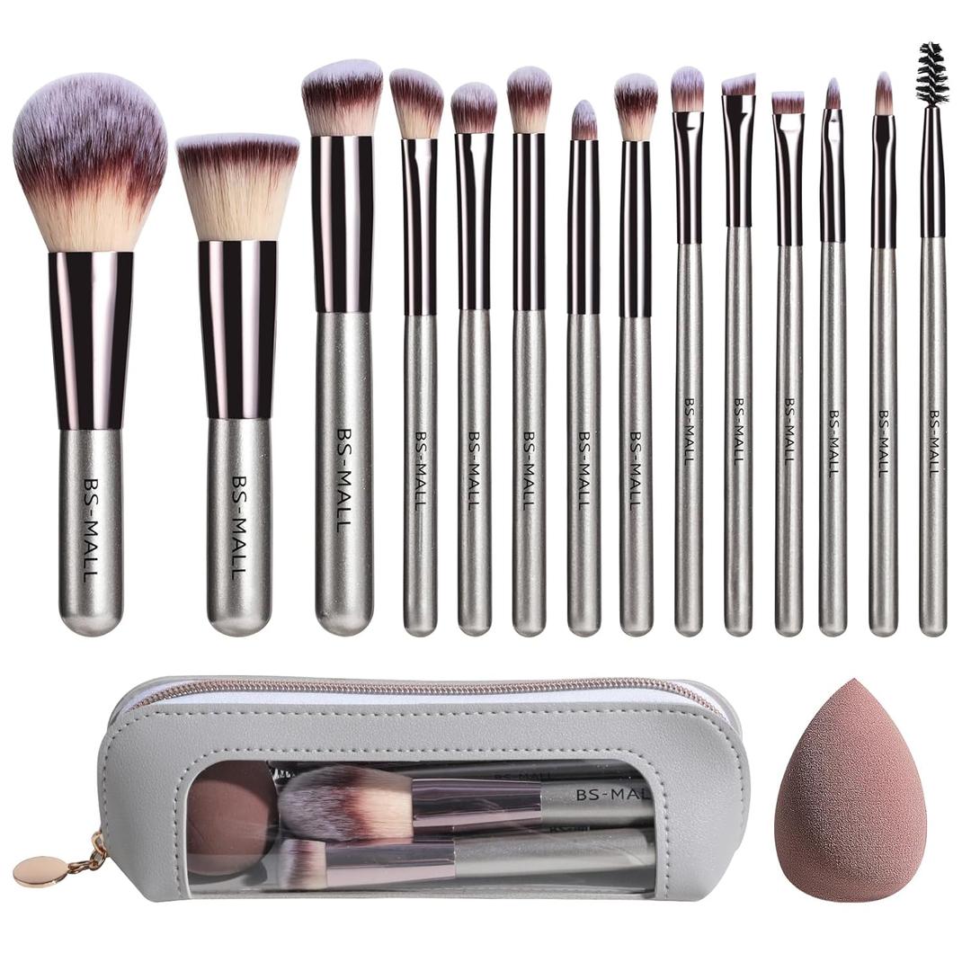 Travel Makeup Brush Set BS-MALL 14 Pcs with 1 Pcs Makeup Sponge Essential Foundation Powder Concealers, Eye Shadows, Blush Makeup Brushes with Travel Makeup Case (Champagne)