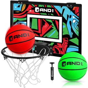 AND1 Over the Door Mini Basketball Hoop: 18x12 Shatterproof Backboard, 2 Mini Basketballs, and Hand Pump Included- Ultimate Indoor Basketball Accessory for Kids and Adults, No Tools Required (Green/Red)