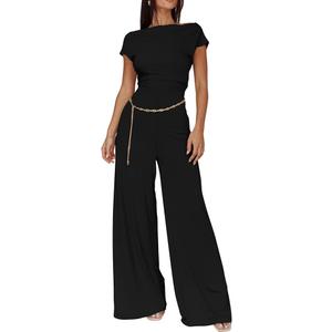 XXTAXN Women's Caual Fashion Crew Neck Short Sleeve Ruched Waist Backless Tie Wide Leg Long Pant One Piece Jumpsuit (Black, S)