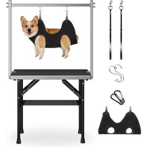 niffgaff Dog Grooming Table with Arm, Hammock & Nooses, 30" H Foldable Heavy Duty Pet Grooming Station, 35.5" L23.6" W Non-Slip Waterproof Tabletop, 33.5" Height Adjustable Stainless H-Frame Arm