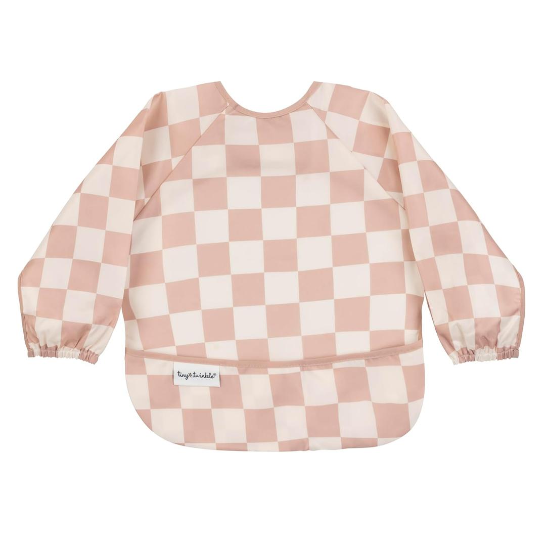 Tiny Twinkle Long Sleeve Bib for Babies & Toddlers | Waterproof Smock Bib for Eating | Machine Washable & Mess-Proof Feeding Essentials | Newborn Shower Gift (Checkers Brown, 2-4Y)