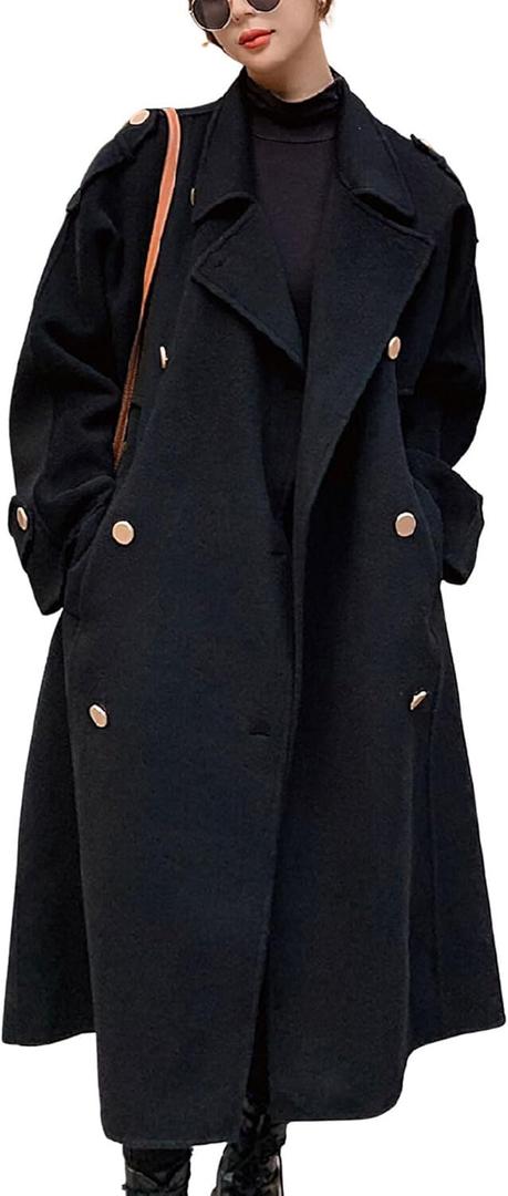 chouyatou Women's Winter Double Breasted Midi Long Wool Pea Coat Notch Lapel Winter Trench Coat (Medium, Black)