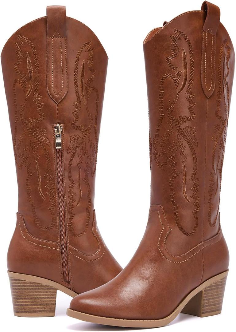 Women's Cowboy Boots Knee High with Side Zipper Wide Calf Cowgirl Boots Comfortable Western Classic Embroidered Pointy Toe Fashion Retro Classic Pull On Tall Boot Fall Winter (10, Brown)