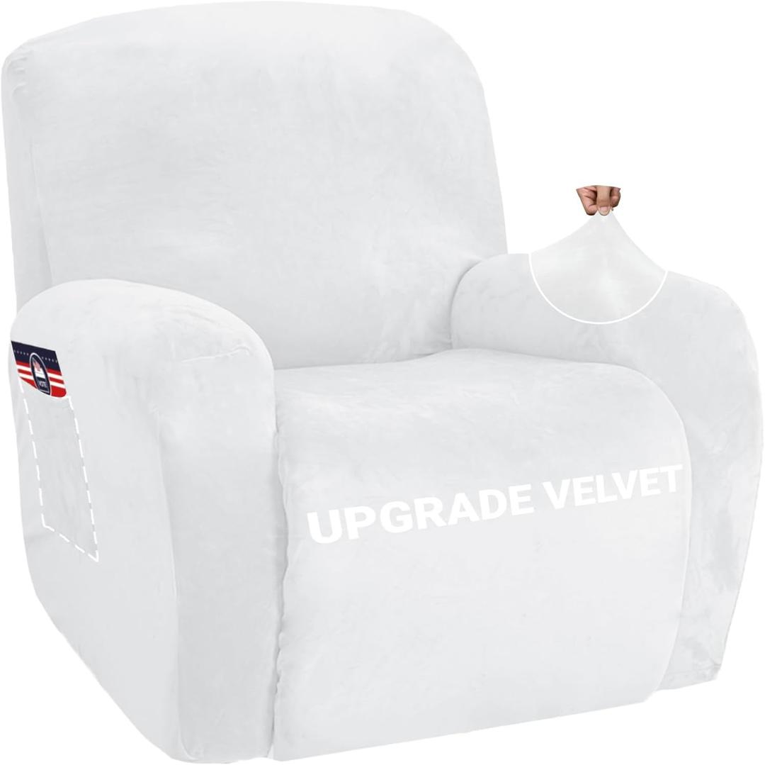 ZNSAYOTX Stretch Velvet Recliner Cover 4-Pieces, Thick Soft Recliner Chair Slipcover with Pocket, Non-Slip Elastic Bottom for Kids Pets, Luxury Plush Reclining Protector Comfy Washable (White)