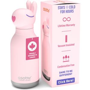 asobu Bestie Bottle Insulated Stainless Steel Water Bottle with Detachable Soft Animal Head Fun Drinking For Kids and Teens with Flexible Reusable Straw 16 Ounce (Bunny)