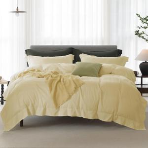 Cooling Queen Duvet Cover Set 3 Pieces-100% Washed Cotton with Chic Wide Trim Design Linen Like Textured Ultra Soft Cozy Bedding with Zipper Closure(Hemmed Pale Yellow, Queen 90"x90")