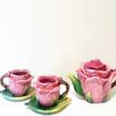 Ceramic Rose Tea Pot Set, 3D Hand-painted Rose Red Flower Cup and Green Leaves Saucer, Set of 5