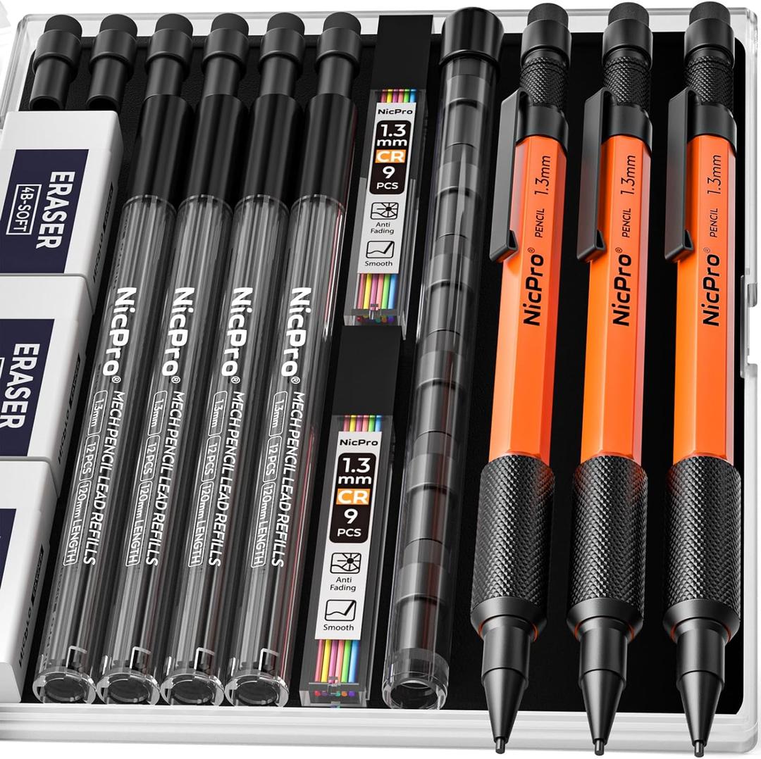 Nicpro 3 PCS 1.3 mm Orange Mechanical Pencils Set with 66 Lead Refill, 3 Eraser - Weatherproof Metal Barrel, Heavy Duty Carpenter Pencil MP2000 for Outdoor Marking Drafting Drawing Woodworking