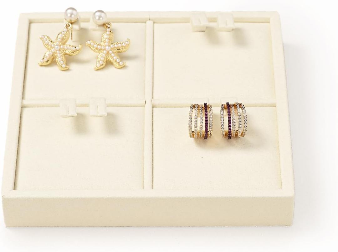 Oirlv Microfiber 4 Slots Jewelry Earring Display Tray Earring Display Organizer Tray(Beige)