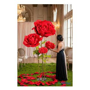 Giant Flowers for Decoration with Stand,Floor Standing Oversized Large Organza Flowers Decor,Giant Artificial Flowers for Wedding Decorations,Shop Window Display,Banquet,Garden Party(red)