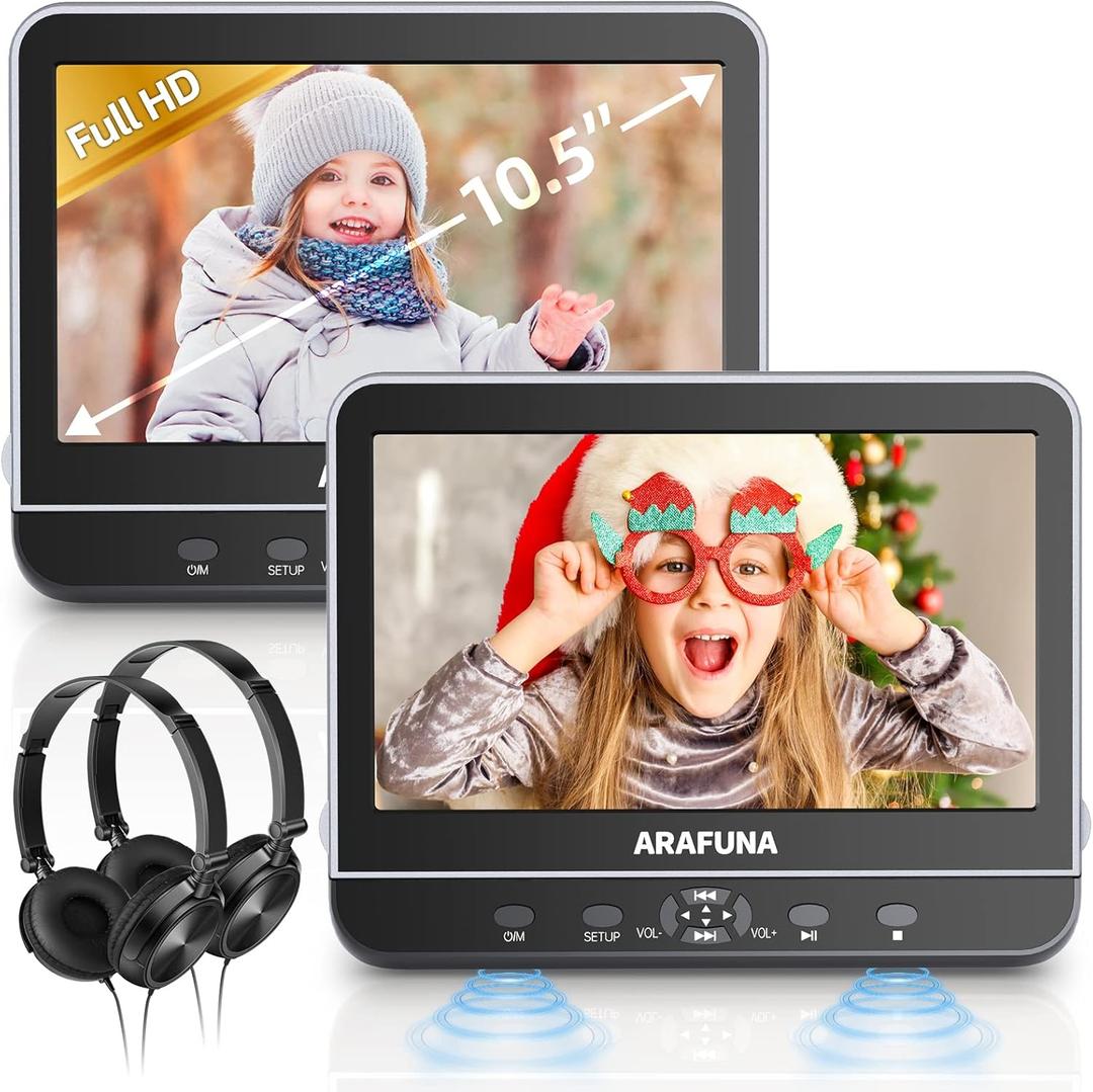 Arafuna 10.5'' Dual Screen Car DVD Player for Headrest and Back Seat, Kids Entertainment System 1080P HD with HDMI Input, Last Memory Portable Travel DVD Player for Kids
