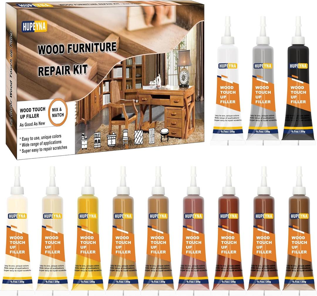 Hupeyna Wood Furniture Repair Kit, 12 Colors Wood Repair Kit, Wood Touch up Fillers, Repair Scratch, Cracks, Discoloration for Wooden Cabinet, Floor, Door, Table Surfaces Wood Filler Paint
