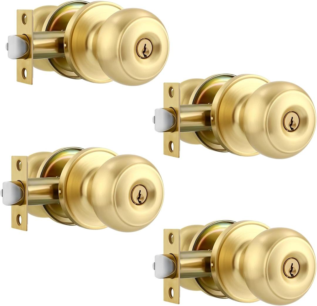 Karlstone 4 Pack Gold Ball Door Knob, Satin Brass Round Front Door Handle Gold Entry Door Lock for Right or Left Handed Doors