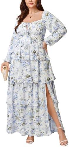 EYWOL Womens Plus Size Floral Tiered Ruffle Long Sleeve Evening Party Wedding Guest Dress, size XL 