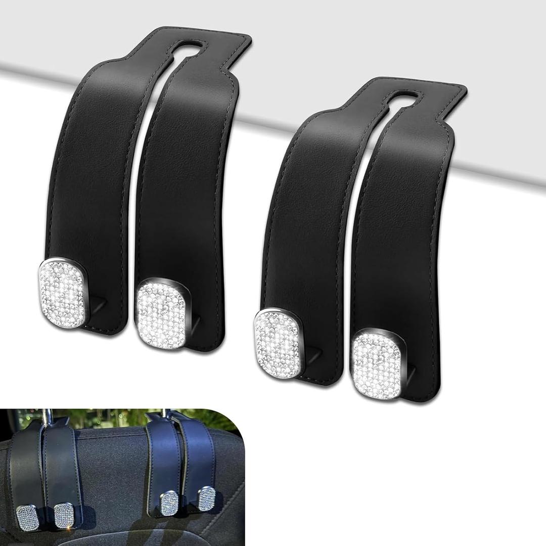 2 PCS Back Seat Storage Hook, Bling Rhinestone-Encrusted Suede High Storage Hook, Modification Decorayion Replacement Accessory for Cars (Black)
