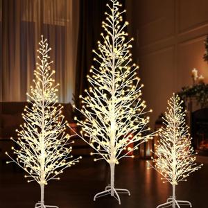 Rossesay 3 Pack Christmas Lighted White Birch Tree with Warm Lights, Outdoor Artificial Light up White Christmas Cone Tree for Indoor Outside Yard Garden Home Party Decor (4ft,5ft,6ft)