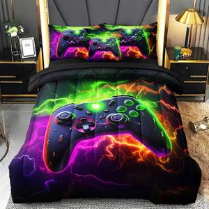 6 Pcs Full Size Bedding Set, Gaming Comforter Sets for Boys & Teens, Full Gamer Bedding Sets (Purple)