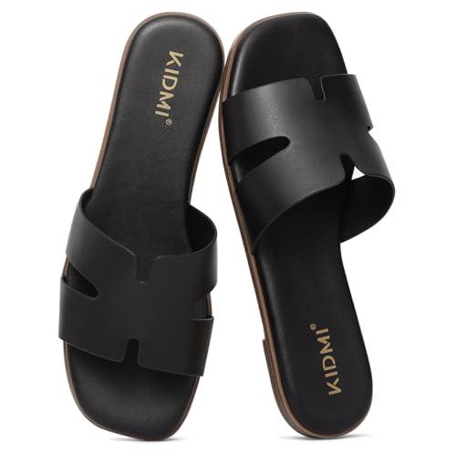 KIDMI Women's Dressy Flat Sandals, Comfortable Slip On Summer Slides, Fashion Open Toe Casual Sandals, Black 9