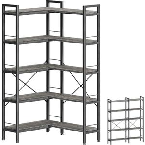 Huuger 5 Tier Bookshelf, L Shaped Corner Bookshelf with 10 Open Shelves, 49.4 Inch Straight Wide Bookcase with Metal Frame and Wooden Board, Adjustable Feet, Grey