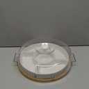 yarlung Ceramic Divided Serving Dishes Platter with Clear Lid, 11 Inch Bamboo Appetizer Tray with Handles 5 Removable Snacks Bowls Relish Tray for Candy and Nut, Chips and Dips, Veggies