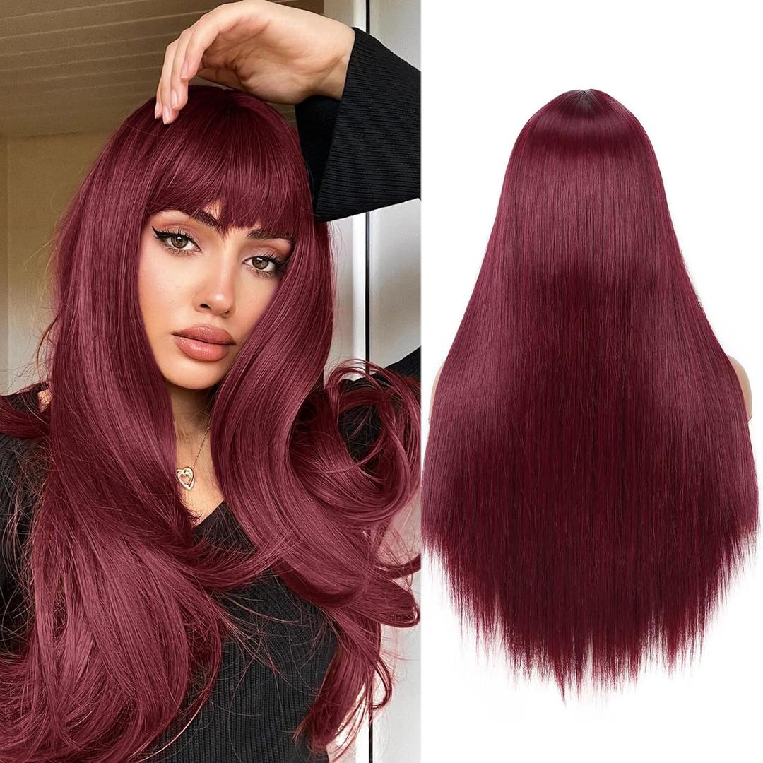 WIGER Long Wine Red Wigs with Bangs Straight Dark Red Hair Wig for Women Long Bangs wig Full Burgundy Cosplay Wig for Girls Synthetic Colored Hair for Daily or Costumes