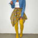 Women's Plaid Skirts High Waisted Knot Front Asymmetrical Hem Mini Skater Skirt (Yellow, L)