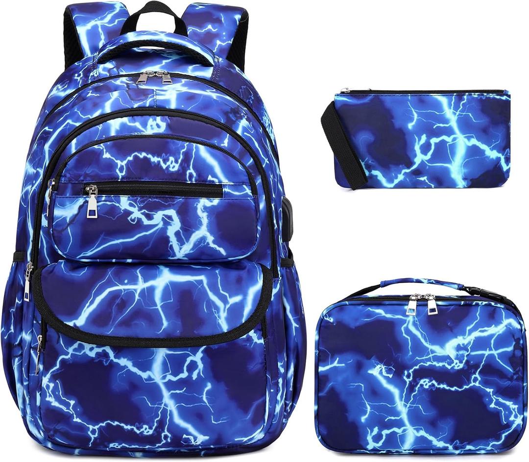 Bevalsa Backpack for Boys, Lightning School Bags with Lunch Bag & Pen Case for Kids, Bookbag for Boys Girls Teens