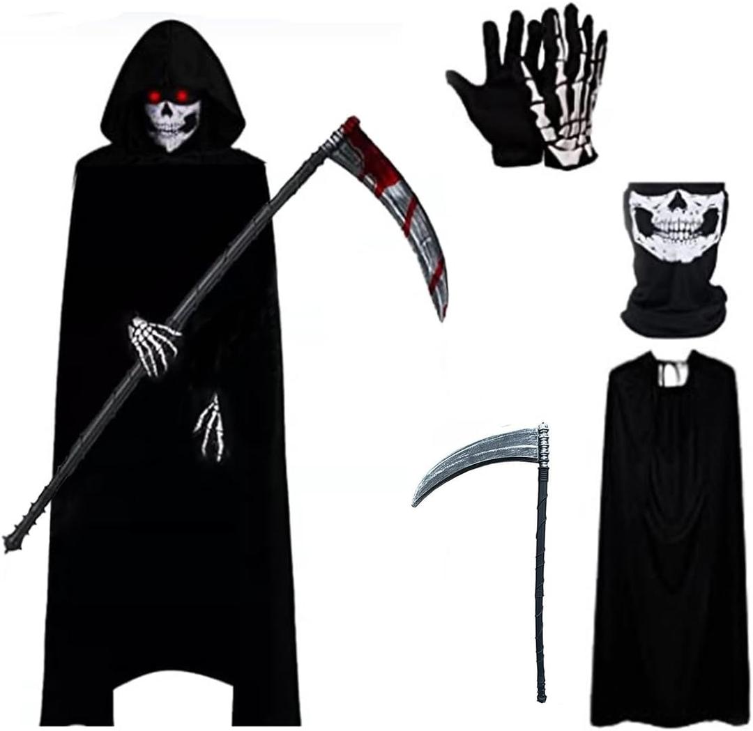 Grim Reaper Costumes Adult Halloween Death Scary Cloak Ghost Hooded Cape Cosplay Outfit Robe Scythe Mask Glove