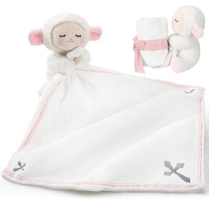 Kinlop Baptism Gifts for Baby Girl Boys Lamb Security Blankets Baptism Lamb with Christian Cross Soft Bedtime Newborn Toy(Pink)