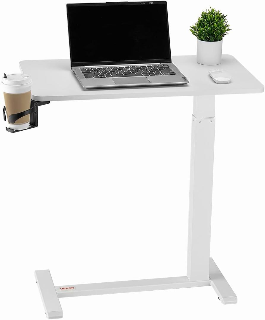 VEVOR Overbed Table, Over Bed Table with Wheels Adjustable Height, Mobile Hospital Bed Table, Rolling Laptop Desk with Fixed Top & Cup Holder, Portable Over Bed Desk for Home, Office, Study, White, 15.75 x 27.56 x 40.47 inches