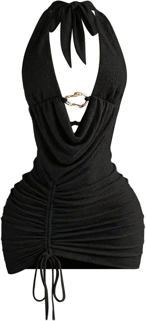 OYOANGLE Women's Deep V Neck Bodycon Halter Mini Dress Tie Backless Ring Linked Drawstring Ruched Party Night Out Dress Black Medium