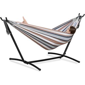 PNAEUT Double Hammocks with Stand for Outside, Portable Space Saving Heavy-Duty Steel Frame for Indoor Outdoor Patio Yard, Easy Assembly, 2 Person 450 lbs Capacity (Coffee)