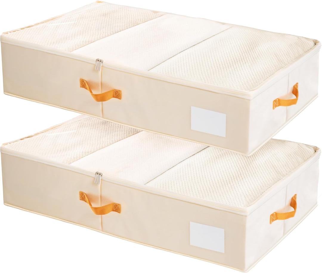 Criusia Under Bed Storage Bins with Clear PVC Lids  2 Pack Large Underbed Organizers with Heavy-Duty Handles, Reinforced with 800G PP Panels & 80G Non-Woven Fabric  Waterproof & Foldable, Beige