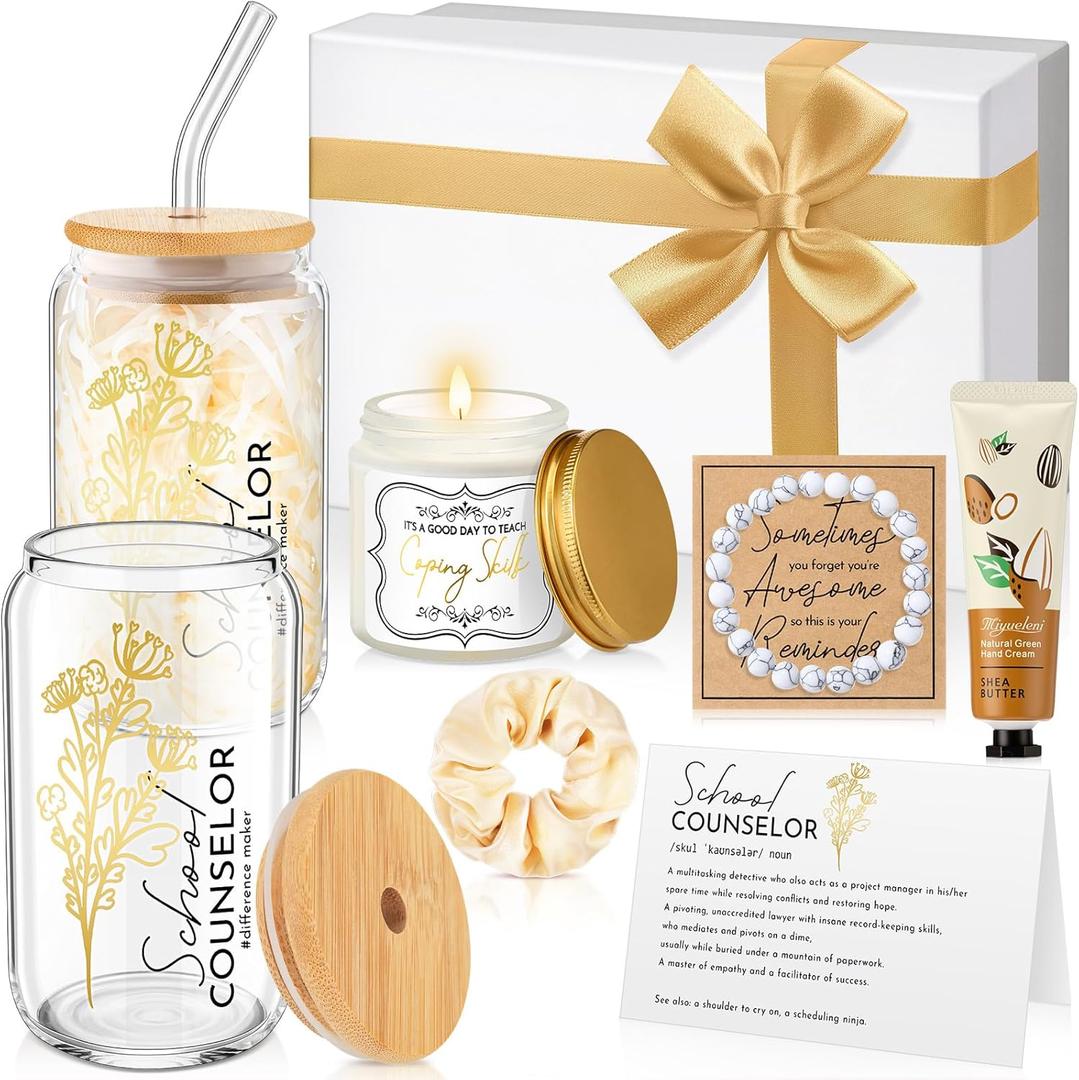 10 Pcs School Counselor Gifts for Women Guidance Appreciation Gifts Box with Glass Cup Candle Bracelet Hand Cream Hair Scrunchies for Teacher Employee(White)