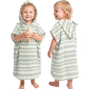 Konssy 100% Muslin Cotton Toddler Beach Towel Poncho with Hood, 24.5" x 21" | Soft & Absorbent, Lightweight Hooded Towel for Kids, Quick-Dry Towel for Pool & Bath, Front Pocket Design, 1-3 Years (Green)