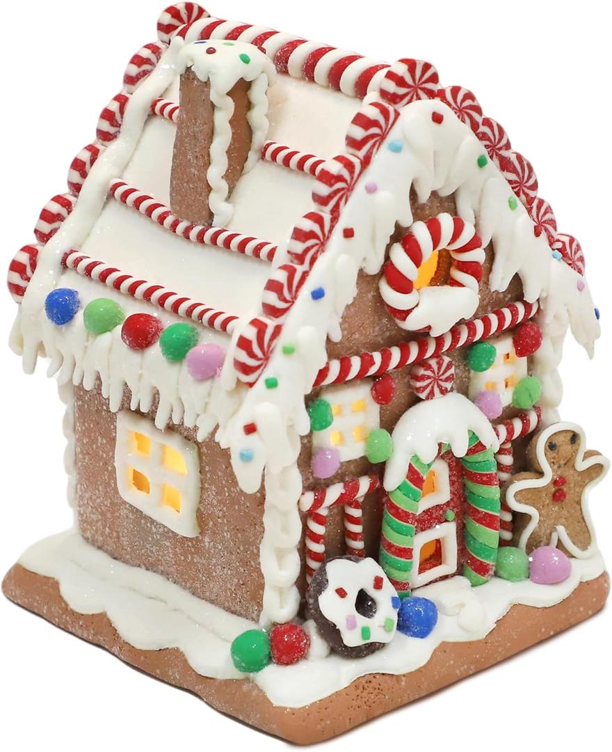 Gingerbread House Decoration, Battery-Operated Light-Up Gingerbread House, Classic Gingerbread Christmas Village Figurines, Handmade Decorations (Style 1)