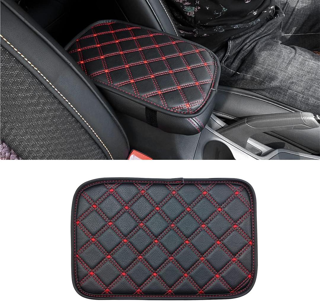 8sanlione Car Leather Center Console Cushion Pad, 11.4"x7.4" Waterproof Armrest Seat Box Cover Fit for Cars, Vehicles, SUVs, Comfort, Car Interior Protection Accessories (Black/Red-2)