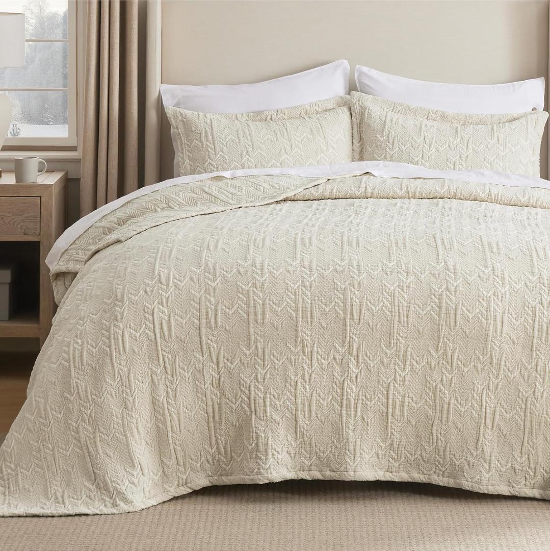 Bedsure Cotton Linen King Quilt Bedding Set - Lightweight Linen Comforter for Summer, Reversible Cotton Bedspread with 2 Pillow Shams (Beige, 106" x 96")