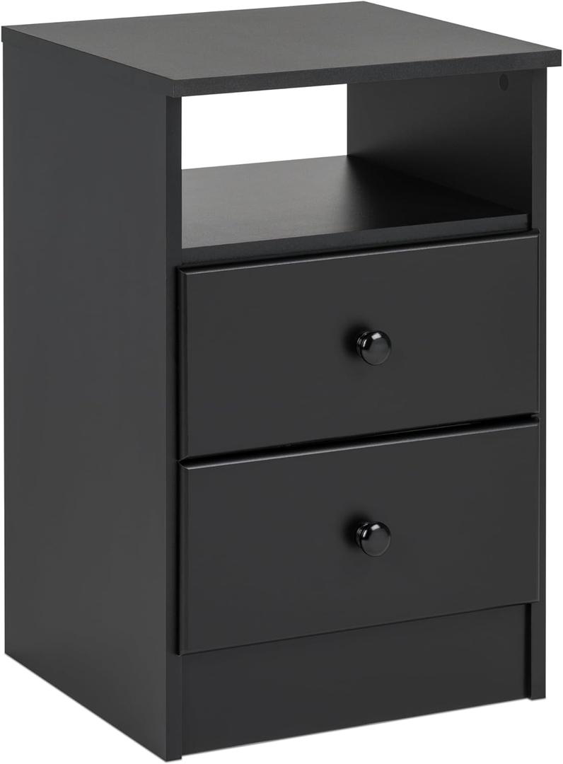 Prepac Astrid Simplistic Nightstand Side Table with 2 Drawers and Open Shelf, Functional Bedside Table 15.5" D x 16" W x 24.5" H, Black, BDNH-0402-1