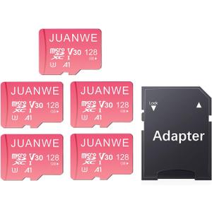 JUANWE 128GB Micro SD Card 5 Pack SD Card MicroSDXC Flash Memory Card 128 GB, A1 U3 V30 4K Video Recording 128GB TF Cards with Adapter for Phone, Dash Cam, Security Camera (5 Pack, Pink)