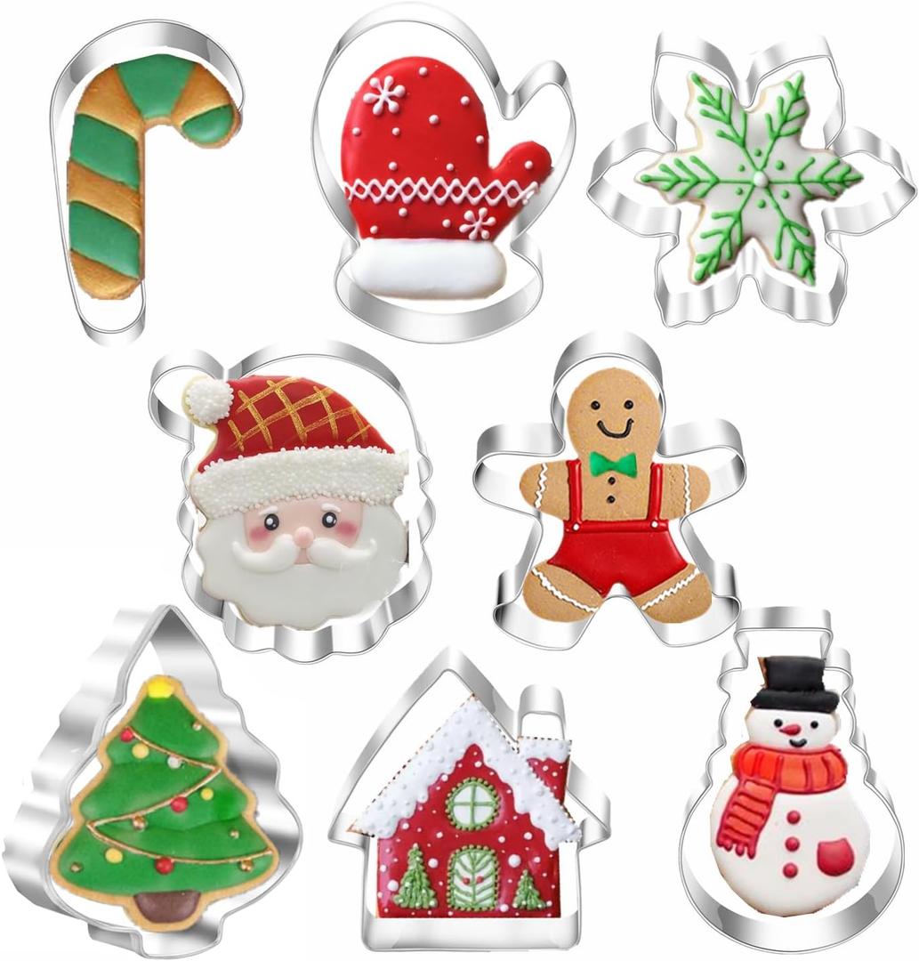 Christmas Cookie Cutters, 8PCS Holiday Cookie Cutter Shapes - Snowman,Christmas Tree,Gingerbread Man,Candy Cane,Snowflake,Santa Face,Christmas House, Winter Glove Cookies Mold
