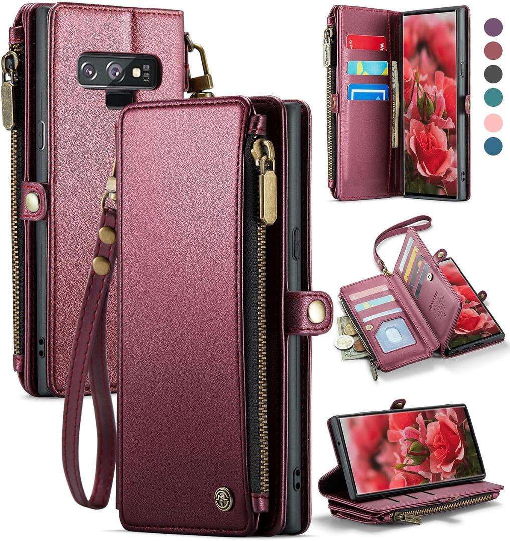 Defencase Compatible with Galaxy Note 9 Case Wallet with RFID Blocking Card Holder for Women Men, PU Leather Magnetic Snap Flip Zipper Strap Phone Case Fit for Samsung Galaxy Note 9, Wine Red