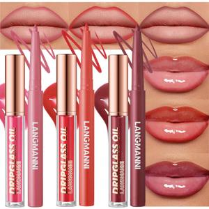 6pcs Hydrating Lip Oils + Lip Liner Pencil Lip Combo Sets, 24H Long-Lasting Lip Kit with Lip Liner and Gloss, Nourishing, Non-Sticky Tinted Stain Lip Gloss Plumping Lip Oil Set for Women(Set B) (Pack of 1)