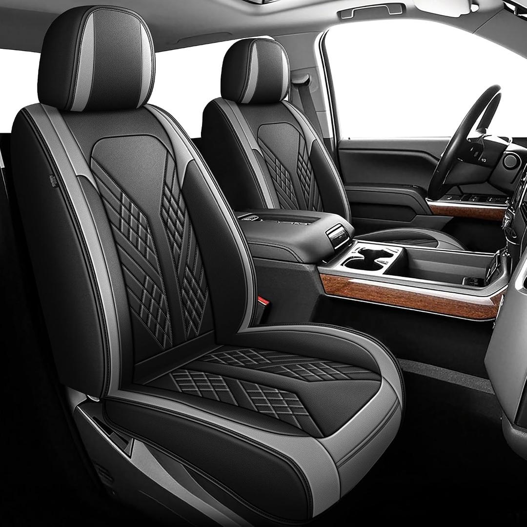 AOMSAZTO Seat Covers Custom Fit for 2007-2024 2025 2026 Chevrolet Chevy Silverado GMC Sierra 1500 2500 3500HD Crew Double Extended Cab Leather Truck Seat Covers (Diamond,Black&Grey)