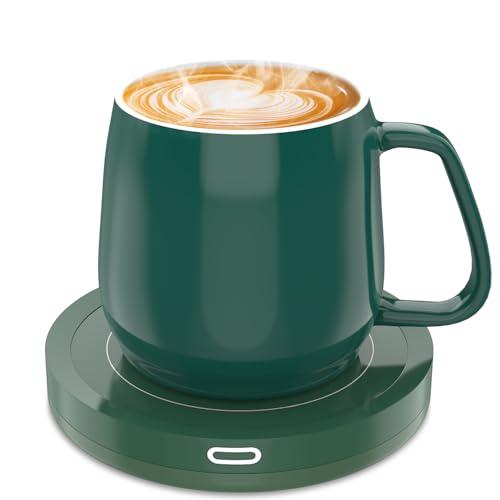 BESTINNKITS Smart Coffee Cup Warmer Set, Auto On/Off Gravity-Induction Mug Office Desk Use, Candle Wax Cup Warmer Heating Plate (Up to 131F/55C), Green Mug Warmer Set