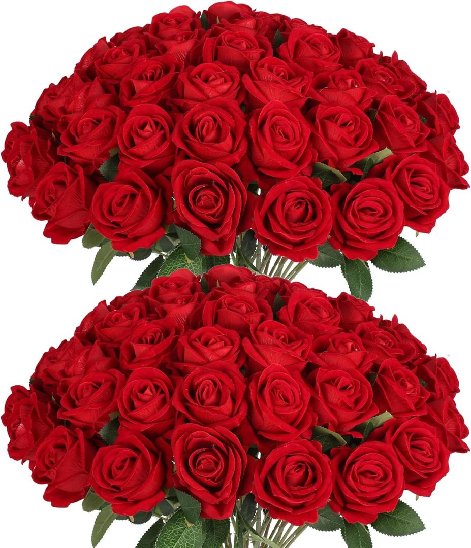 Jefuzh 50 PCS Fake Red Roses, Artificial Red Flowers Bulk Realistic Silk Faux Rose with Stems for Wedding Decoration Anniversary Bridal Bouquet DIY Floral Arrangement Romantic Home Decor Gifts