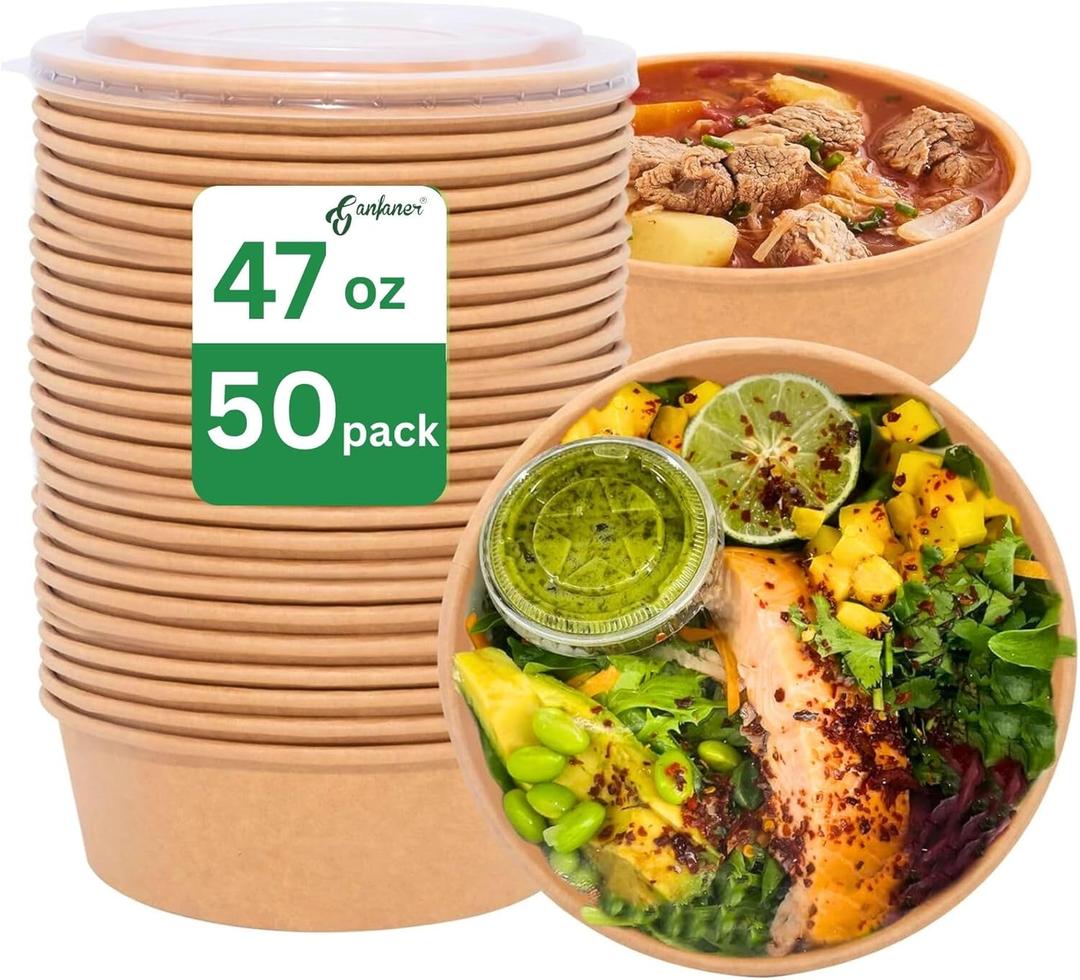 Disposable Round Paper Bowls with Lid 47oz Compostable, 50 Sets Microwave Deli Containers Leakproof, Extra Large Meal Prep Food Container Box, Sturdy Salad Dressing Bowl for Soup Toppings Picnic