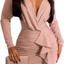 Women's Bodycon Sexy Ruched Wrap Dress Long Sleeve Deep V Neck Elegant Cocktail Mini Dresses, XL